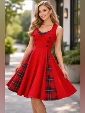 KILLREAL Vintage Red Plaid Retro Rockabilly A-Line Dress Size S Double Breasted